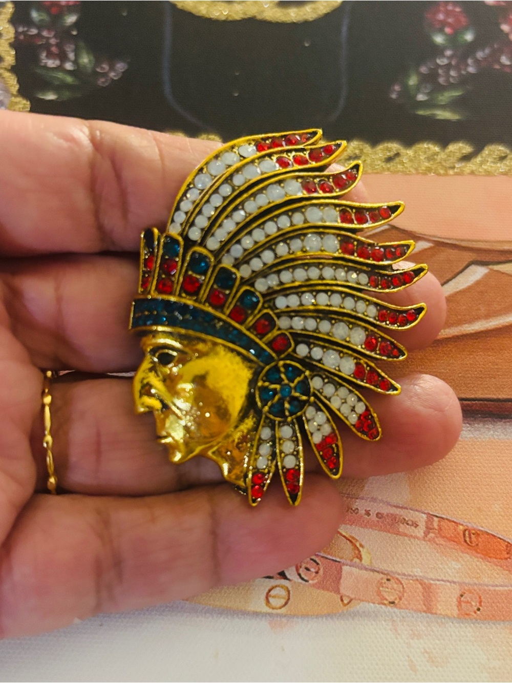 Gold-tone Native Headdress Brooch with Red, White & Blue Accents